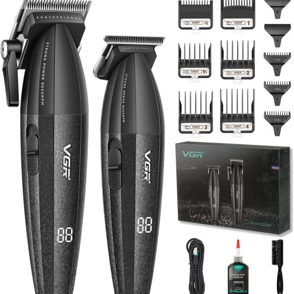 VGR 640 Professional Hair Clippers for Men, Cordless Barber Clippers and Trimmers Set, Zero Gap T-Blade Hair Cutting Kit, DLC Coated Ceramic Blade Barber Kit with LED Display(Black)