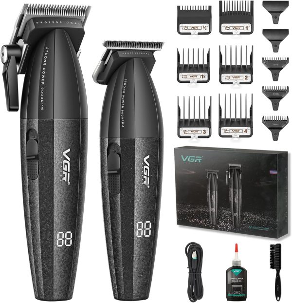 VGR 640 Professional Hair Clippers for Men, Cordless Barber Clippers and Trimmers Set, Zero Gap T-Blade Hair Cutting Kit, DLC Coated Ceramic Blade Barber Kit with LED Display(Black)