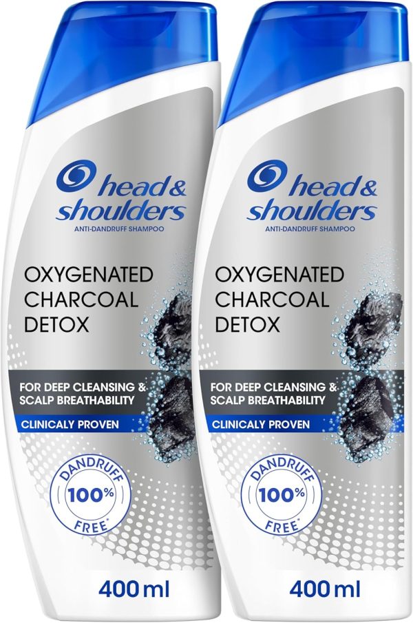 Head & Shoulders Anti-Dandruff Shampoo, Oxygenated Charcoal Detox, 100% Dandruff Free, 2x400ml, Dual Pack