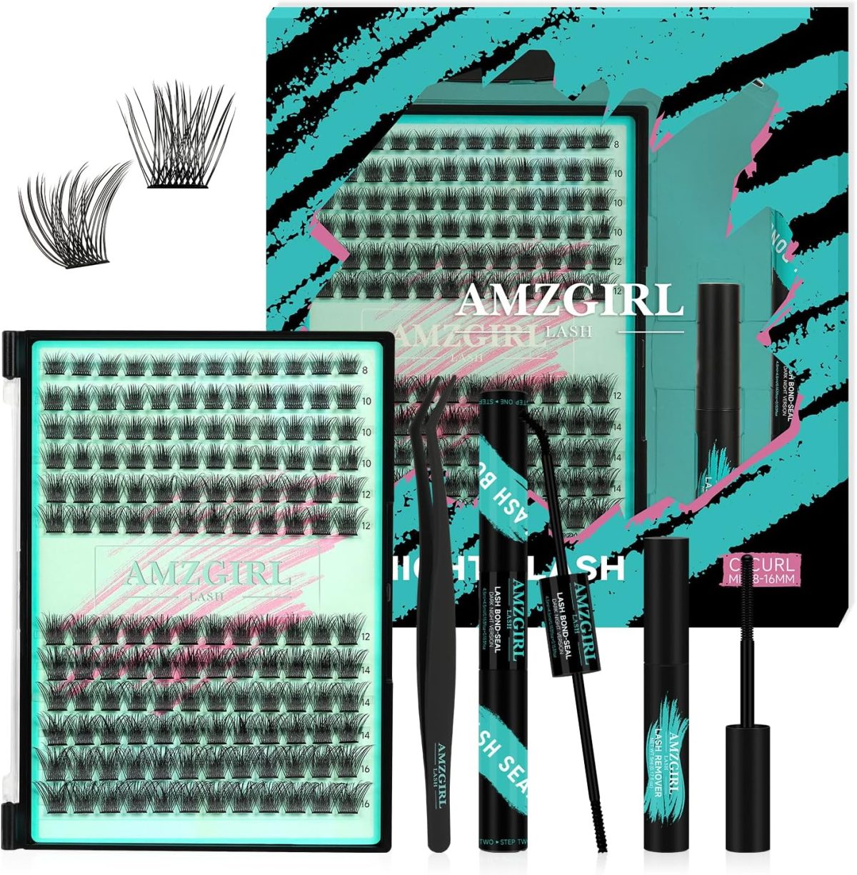 AMZGIRL LASH Midnight DIY Lash Extension Kit, 144 pcs Eyelash Clusters Kit Lash Bond and Seal, Lash Glue Remover and Applicator for Individual False Eyelashes Kit Lash Extensions(D-Mix 8-16mm Kit)