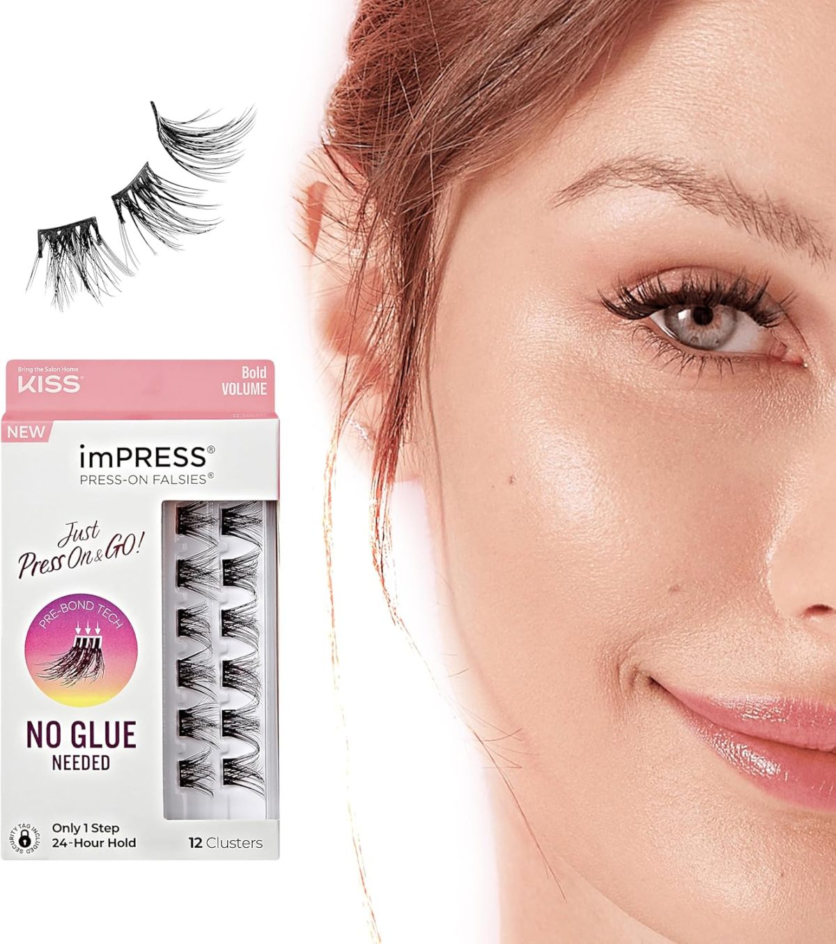 imPRESS KISS False Eyelashes, Lash Clusters, Falsies, Bold Natural', 12mm-14mm, Includes 12 pieces of pre-bonded lashes, Contact Lens Friendly, Easy to Apply, Reusable Strip Lashes