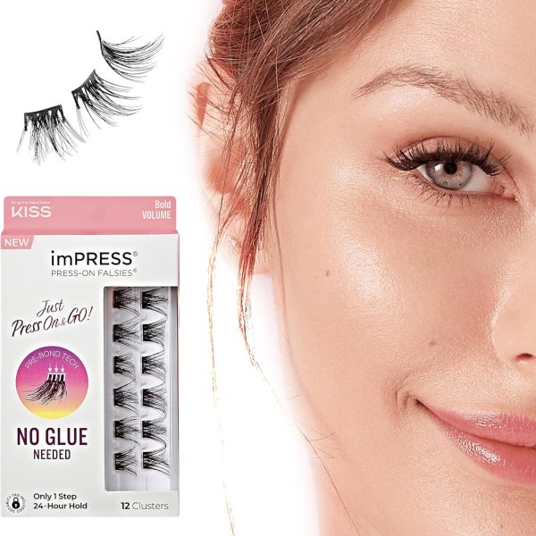 imPRESS KISS False Eyelashes, Lash Clusters, Falsies, Bold Natural', 12mm-14mm, Includes 12 pieces of pre-bonded lashes, Contact Lens Friendly, Easy to Apply, Reusable Strip Lashes