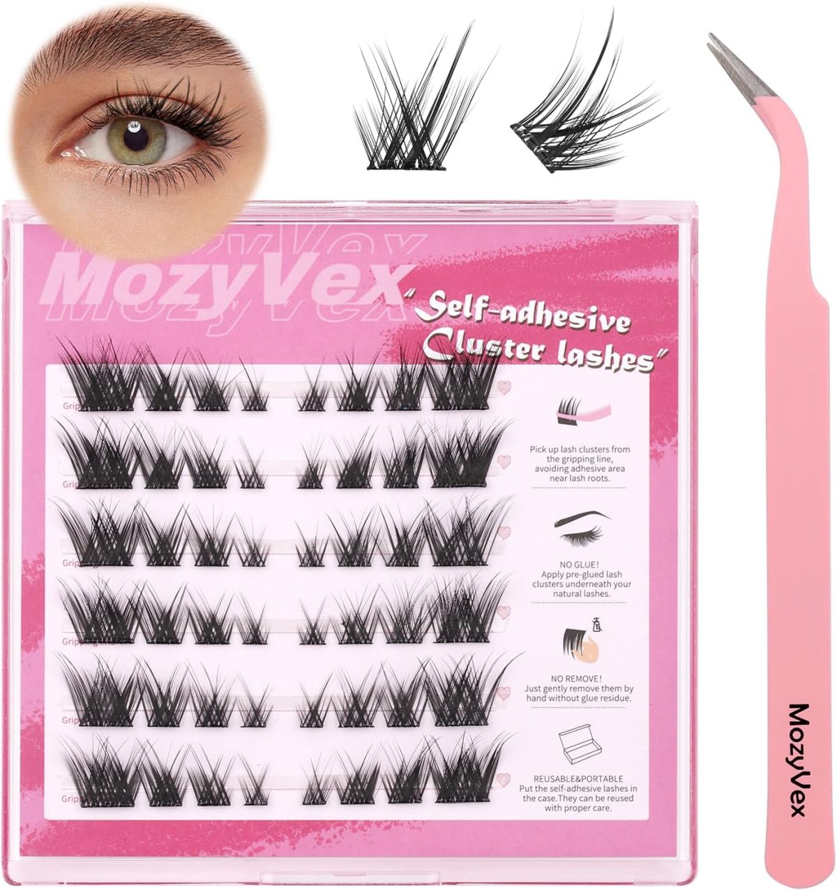 MozyVex 48PCS Enduring Self- Adhesive Eyelashes Cluster DIY Pre-Glued Cluster Lashes Extension D Curl No Glue Need Eyelashes 14mm with Lash Tweezers 1 STEP Easy to Apply(PGEC03)