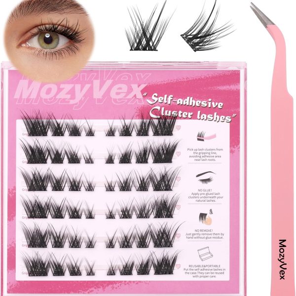 MozyVex 48PCS Enduring Self- Adhesive Eyelashes Cluster DIY Pre-Glued Cluster Lashes Extension D Curl No Glue Need Eyelashes 14mm with Lash Tweezers 1 STEP Easy to Apply(PGEC03)