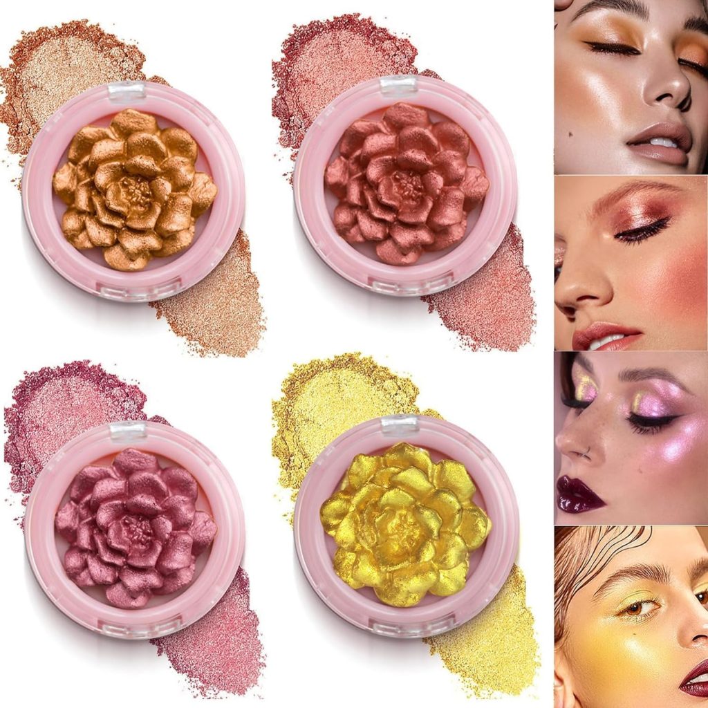 NALACAL 4PCS Highlighter Palette, Highlighting Powder, 3D Rose Blush, Body Luminizer Highlighter Face Makeup, Pressed Shimmer Body Glow Face Powder, Glossy Long Lasting Highlighters Makeup