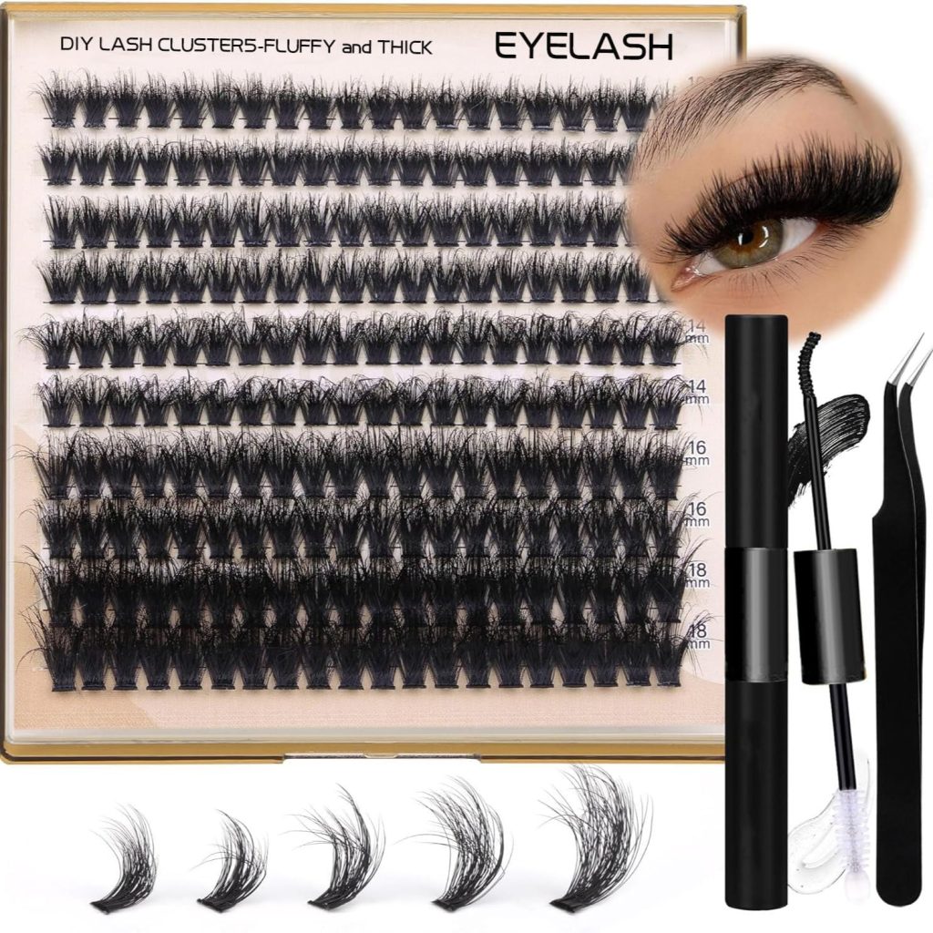 Lash Extension Kit, Thick Eyelash Extension Kit, 10-18mm Fluffy Lash Clusters 200D Individual Eyelashes Kit, with Lash Bond, Lash Remover, Lash Applicator, DIY Lashes Extension