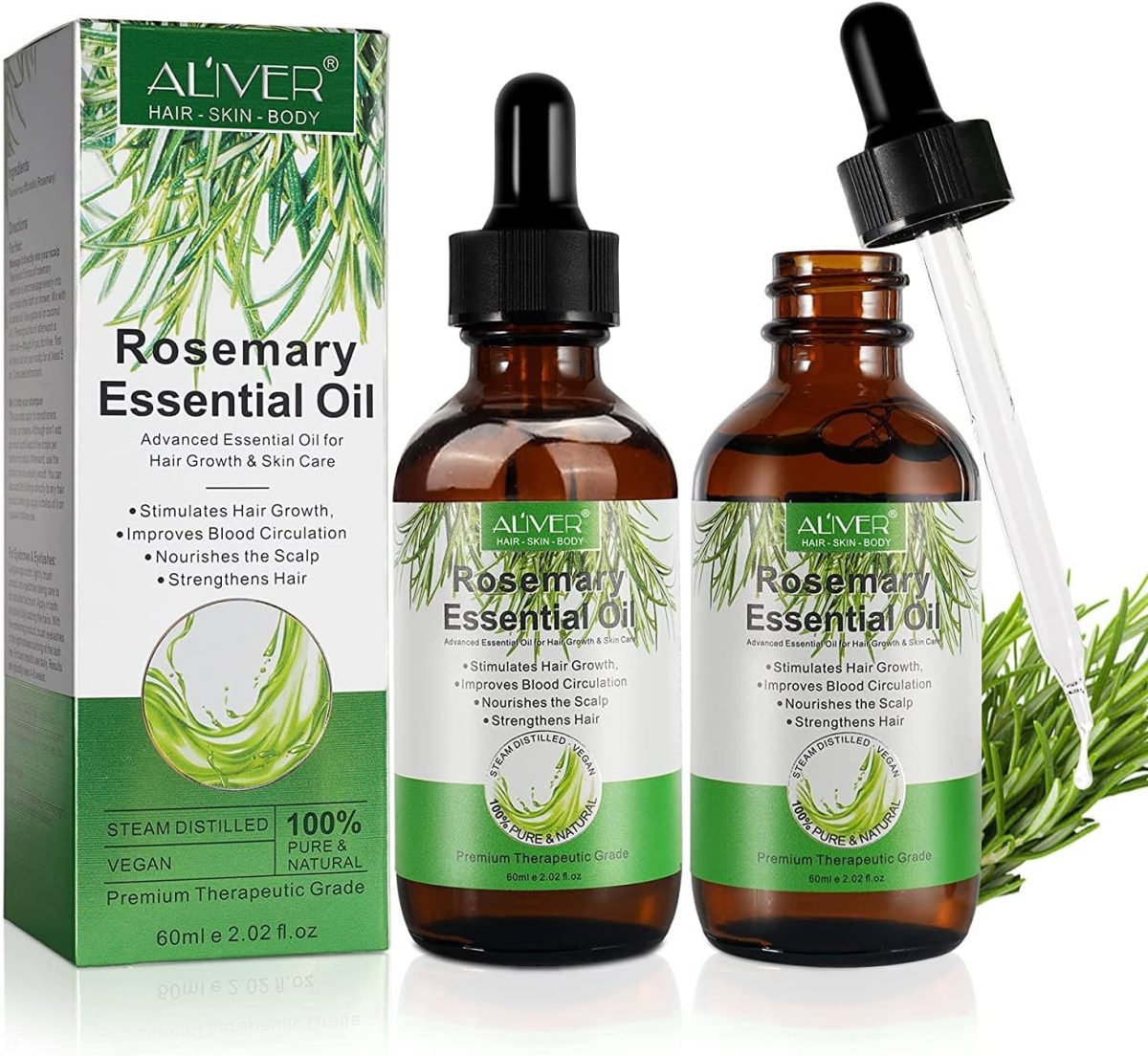 ALIVER Rosemary Oil for Hair Growth & Skin Care (4 Fl Oz), Organic Rosemary Essential Oils, Natural Rosemary Oil for Hair Loss Treatment, Stimulates Hair Growth, Scalp Massager, Aromatherapy