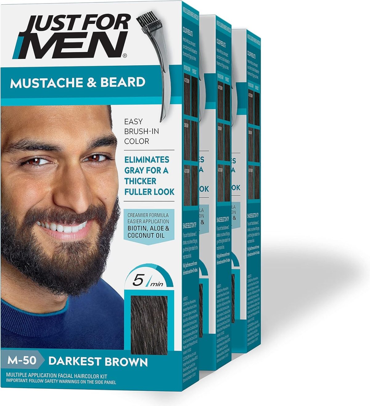 Just for Men Mustache and Beard Brush-In Color Gel, Darkest Brown (Pack of 3, Packaging May Vary)