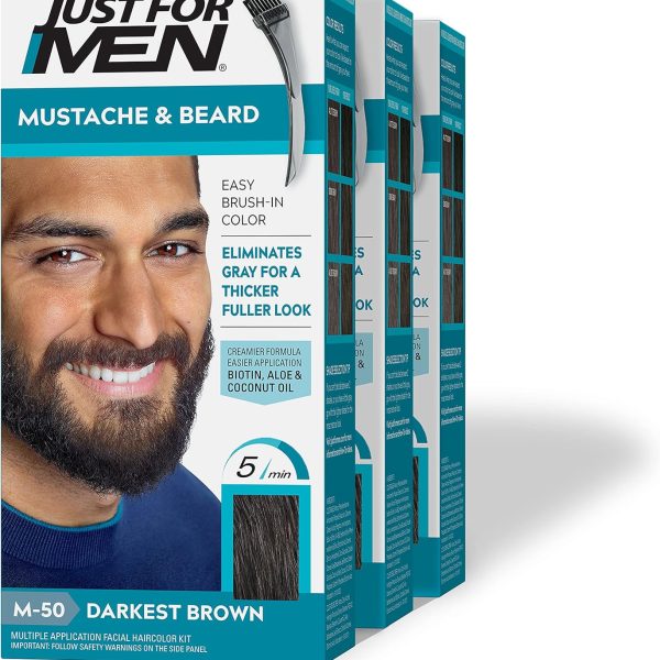 Just for Men Mustache and Beard Brush-In Color Gel, Darkest Brown (Pack of 3, Packaging May Vary)