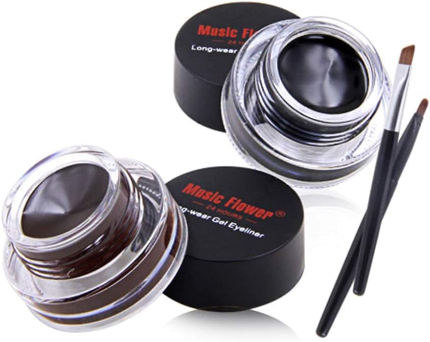 Music Flower Gel Eyeliner, Black and Brown Eyeliner Waterproof Long Lasting Smudge Proof Gel Liner with 2 Brushes, Easy to Apply Eye Makeup 3 g, Pack of 2