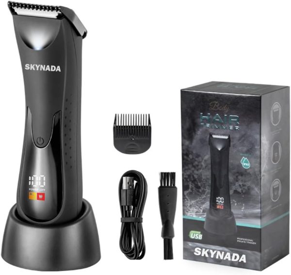 Skynada Electric Body Hair Trimmer - Groin & Body Grooming for Men & Women - Wet/Dry Trimmer with Ceramic Blade, IPX5 Waterproof, Rechargeable, 7000 RPM Motor, Black