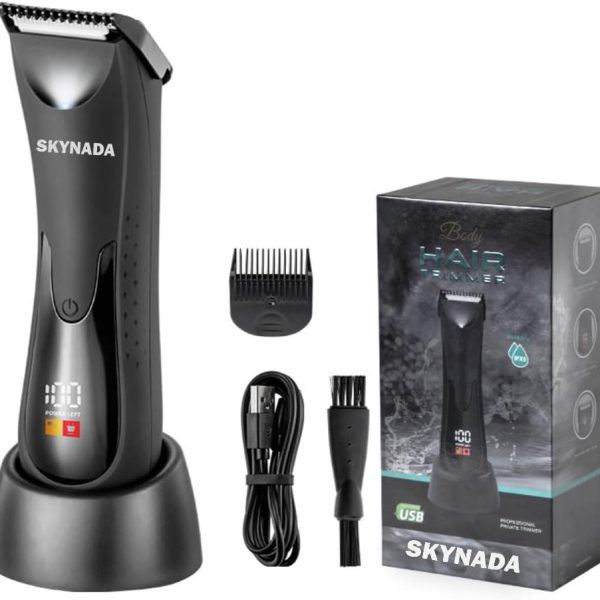 Skynada Electric Body Hair Trimmer - Groin & Body Grooming for Men & Women - Wet/Dry Trimmer with Ceramic Blade, IPX5 Waterproof, Rechargeable, 7000 RPM Motor, Black