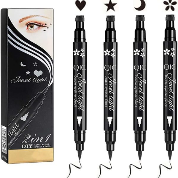 LECCI 4 Pcs Double-headed Eyeliner Stamps Set Black Liquid Eye Liner Pen With Star,Moon,Heart,Flower Stamp Stencils Shapes for Women Makeup Kit Long-Lasting Waterproof Smudgeproof