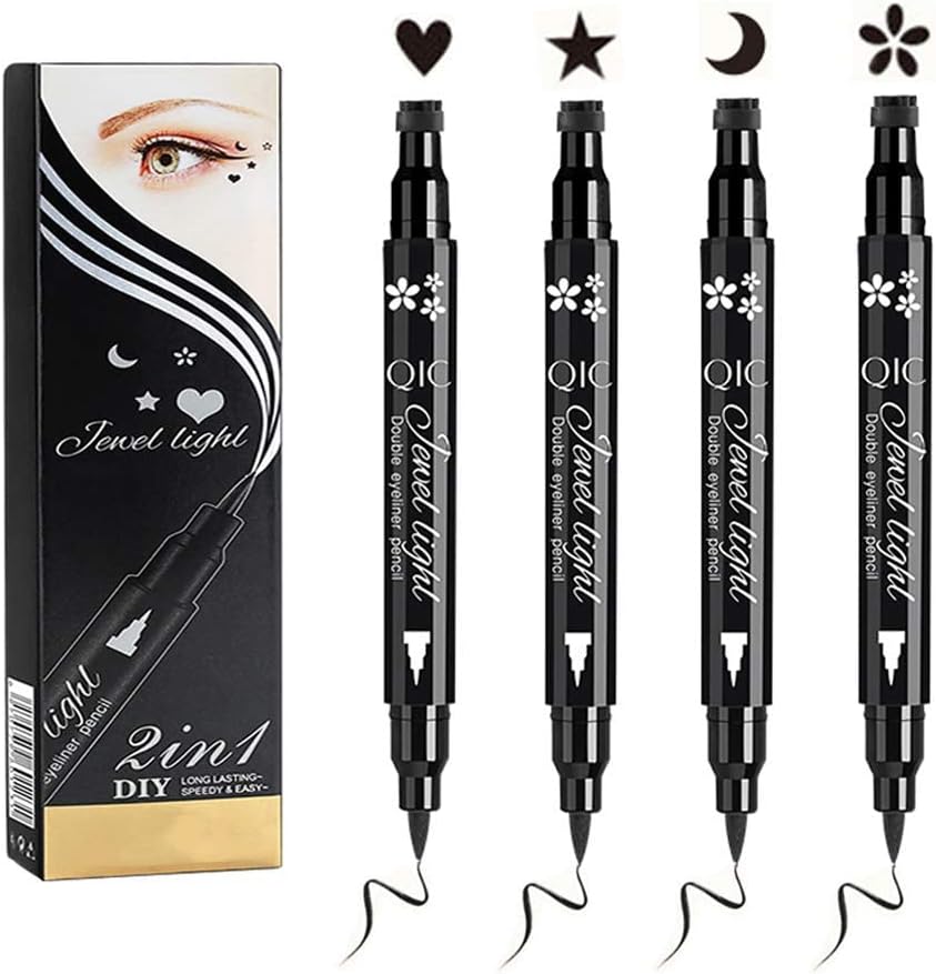 LECCI 4 Pcs Double-headed Eyeliner Stamps Set Black Liquid Eye Liner Pen With Star,Moon,Heart,Flower Stamp Stencils Shapes for Women Makeup Kit Long-Lasting Waterproof Smudgeproof