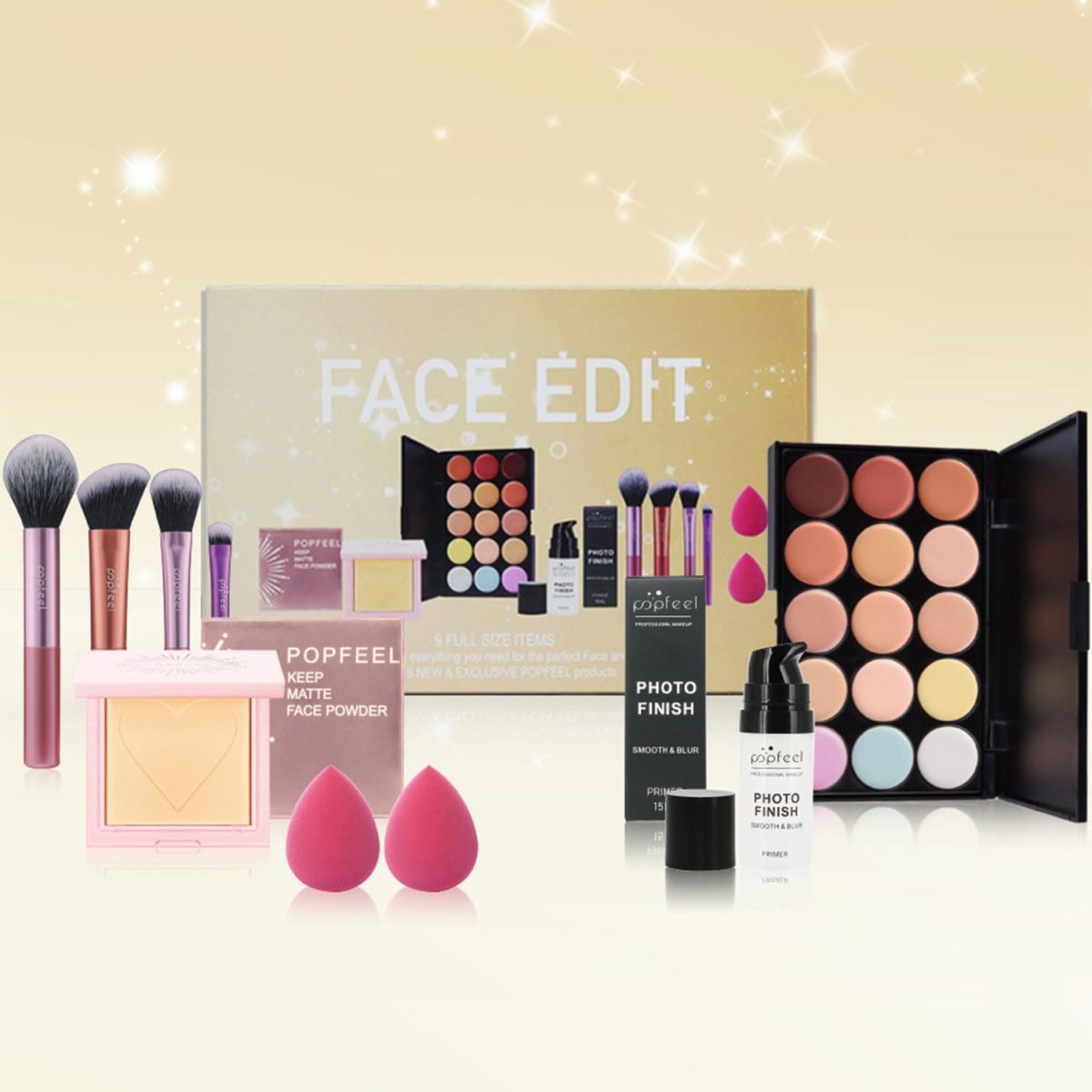 Makbeaty Facial and Lip Set,Holiday Makeup Gift Set Include15 Color Concealer Palette, Makeup Brush, Makeup Powder, Makeup Sponge, Smooth and Blur Primer.