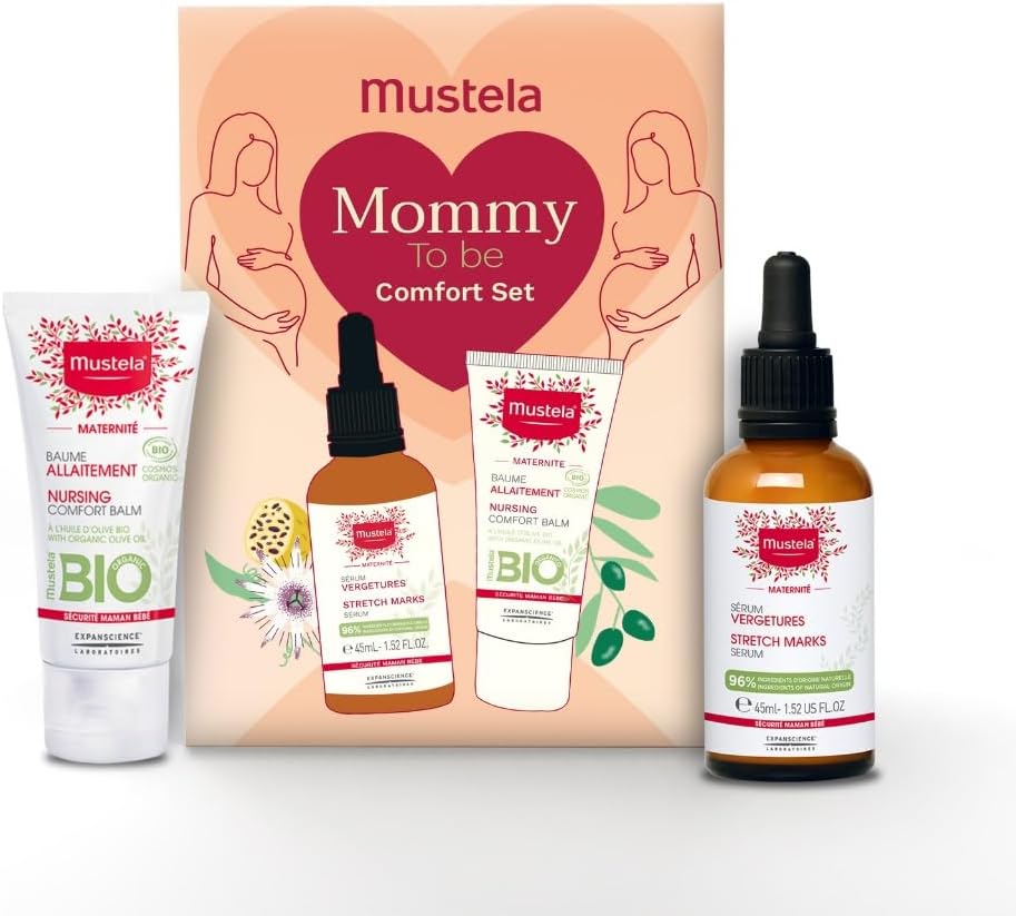 Mustela Mommy to be comfort Set with Mustela Stretch Marks Serum and Mustela Bio Nursing Comfort Balm - Essential Skincare for Moms to Reduces Stretch Marks & Soothes Nursing Discomfort