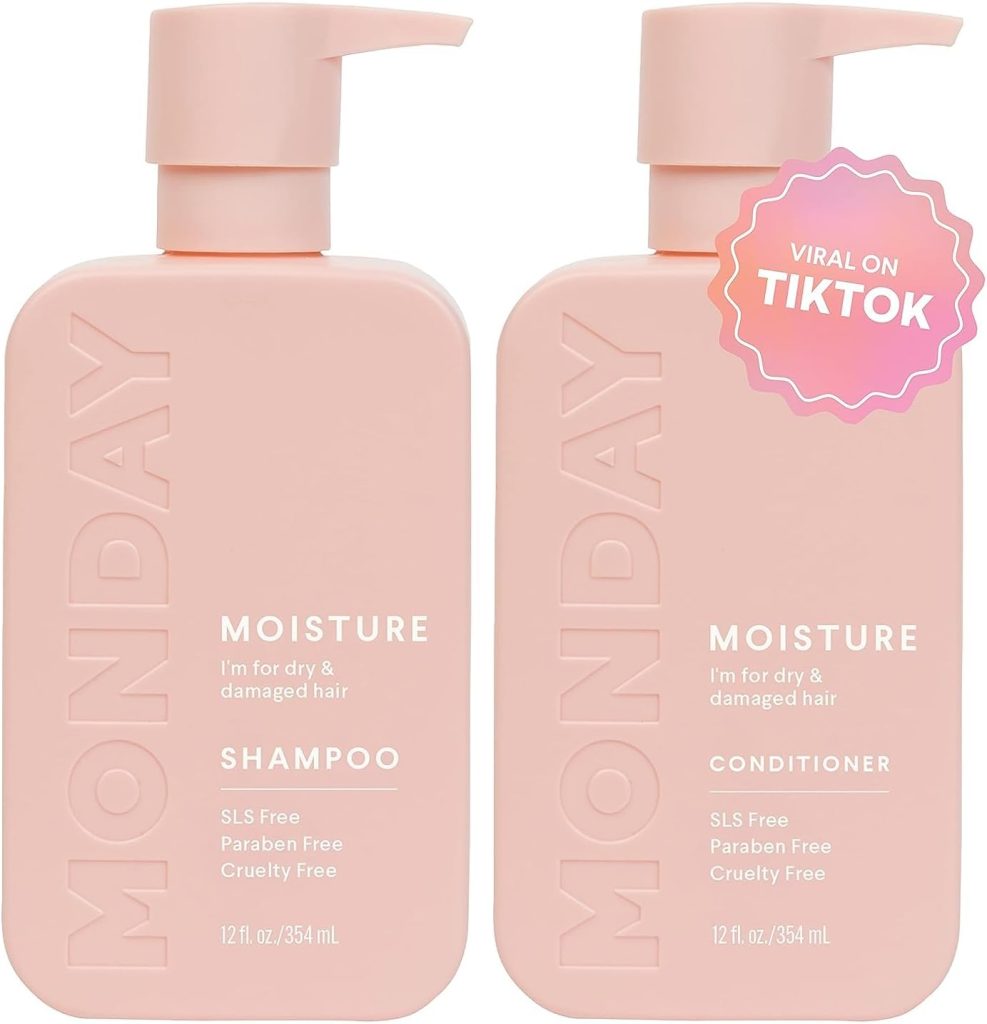 MONDAY HAIRCARE Moisture Shampoo + Conditioner Set (2 Pack) 12oz Each, Dry, Coarse, Stressed, Coily & Curly Hair, Made from Coconut Oil, Rice Protein, Shea Butter, & Vitamin E, 100% Recyclable Bottles