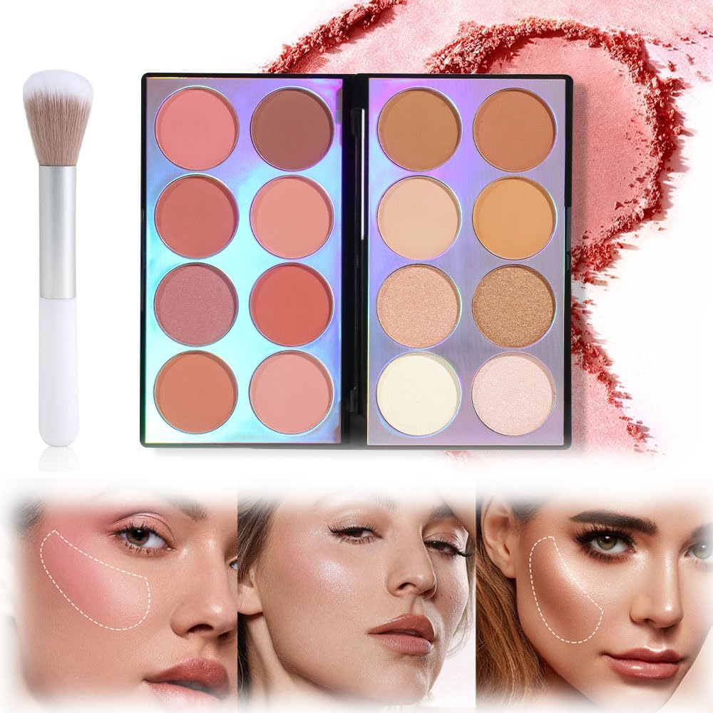 Azonee Blush Contour Highlighter Makeup Palette with Brush, 16 Colors Shimmer Face Blush Powder for Cheek, All-In-One Face Sculpting Blusher Palette