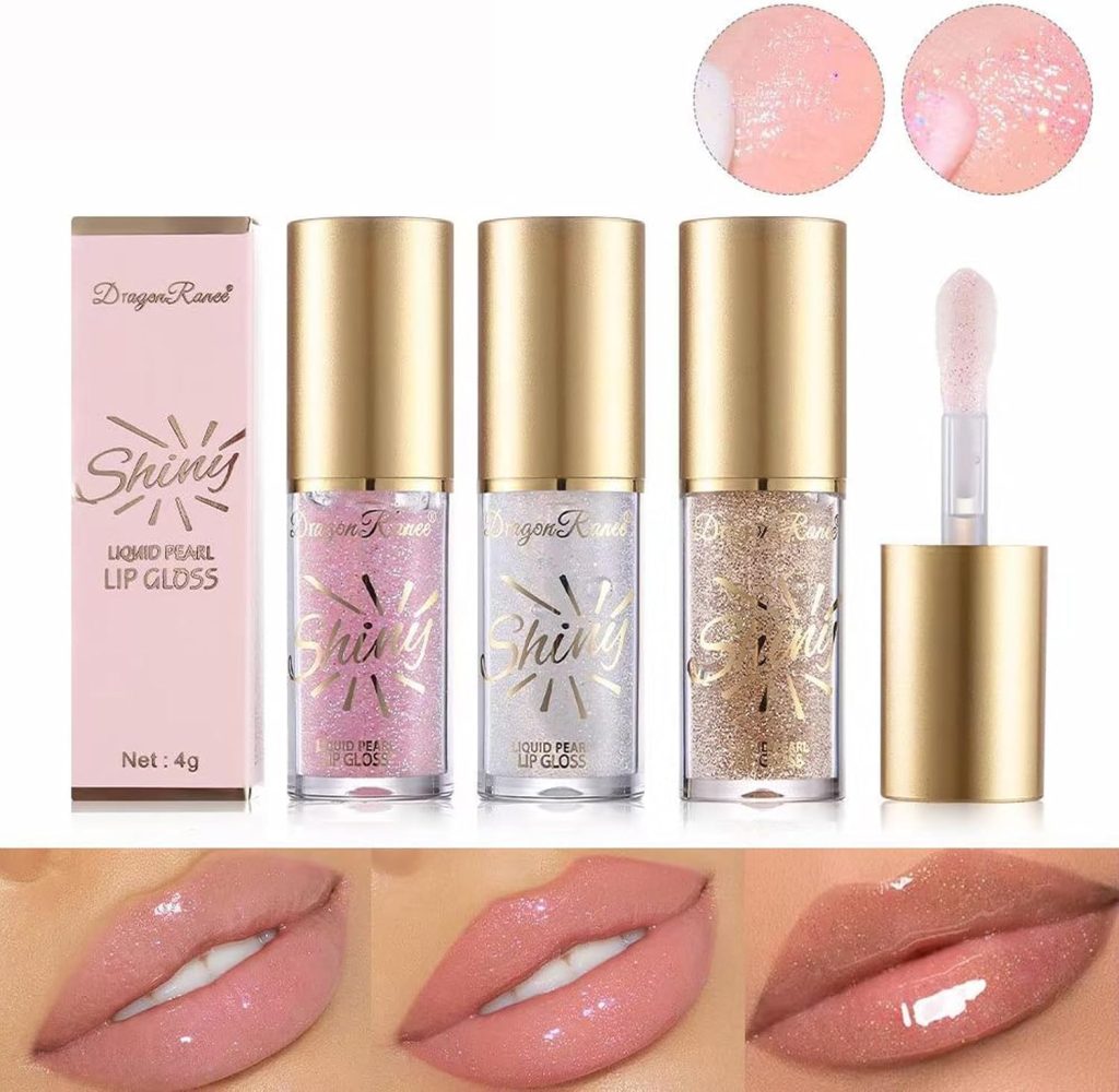 3pcs Shimmery Glitter Moisturizing Lip Oil Big Brush Head Hydrating Lip Glow Oil,Shiny Transparent Lip Gloss Plumping,with Shimmery Finish - Lightweight, Sheer, and Hydrating Lip Care Oil Makeup