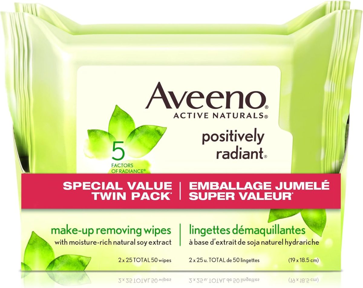 Aveeno Positively Radiant Makeup Removing Wipes, 25 Count(Pack of 2)