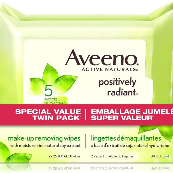 Aveeno Positively Radiant Makeup Removing Wipes, 25 Count(Pack of 2)