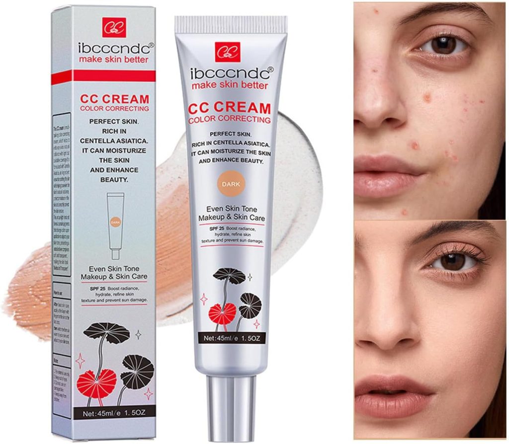 FUIN Color Correcting CC Cream,Hydrating CC Cream Foundation with Centella Asiatica Multi-Purpose Pre-makeup Primer Moisturizing Facial Concealer Sunscreen Full-Coverage CC Cream with SPF 25, Dark