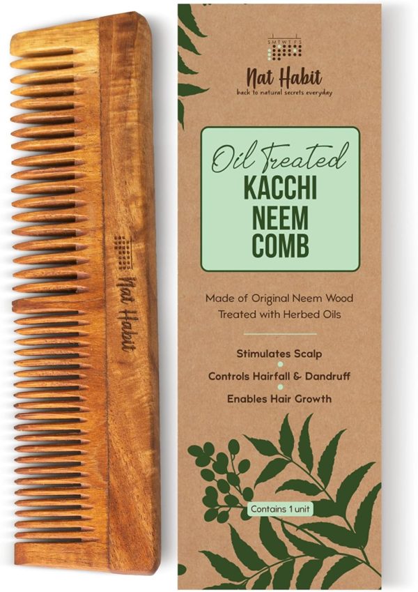 Nat Habit Kacchi Neem Wooden Comb - Soaked In 17 Herbs, Neem & Sesame Oil For Multi-Actions - Detangling, Frizz Control & Shine,Suited For All Hair Types (Dual Tooth)