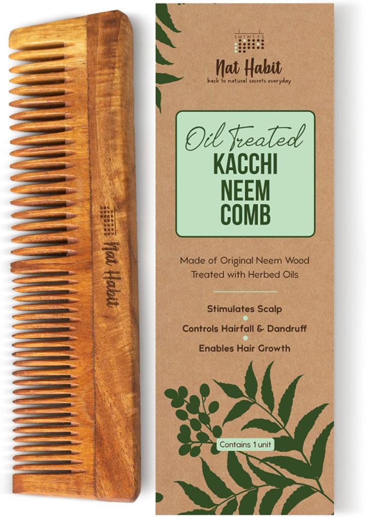 Nat Habit Kacchi Neem Wooden Comb - Soaked In 17 Herbs, Neem & Sesame Oil For Multi-Actions - Detangling, Frizz Control & Shine,Suited For All Hair Types (Dual Tooth)