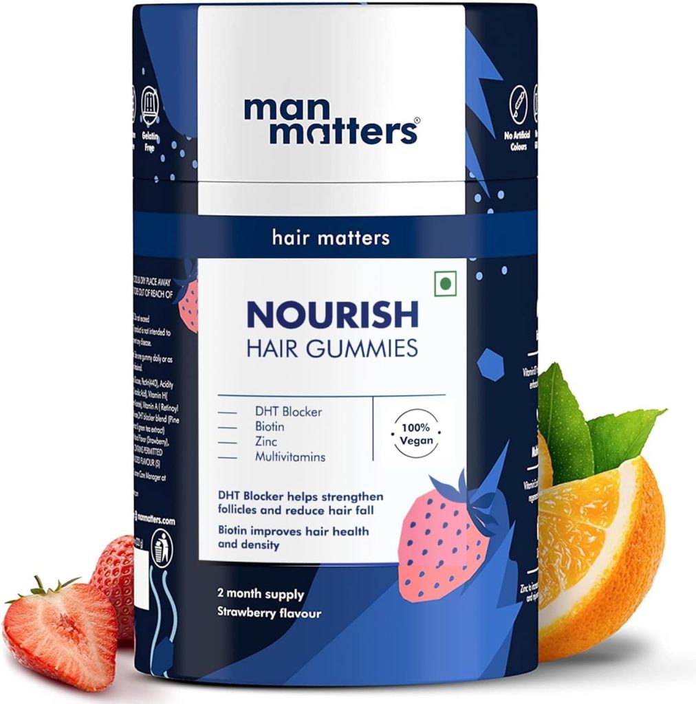 Man Matters Biotin Hair Gummies for Men | Strawberry Flavoured | Vitamin A, Vitamin C, Vitamin E & Zinc | Helps Reduce Hair Fall & Strengthen Nails | 100% Vegetarian | 60 Gummies