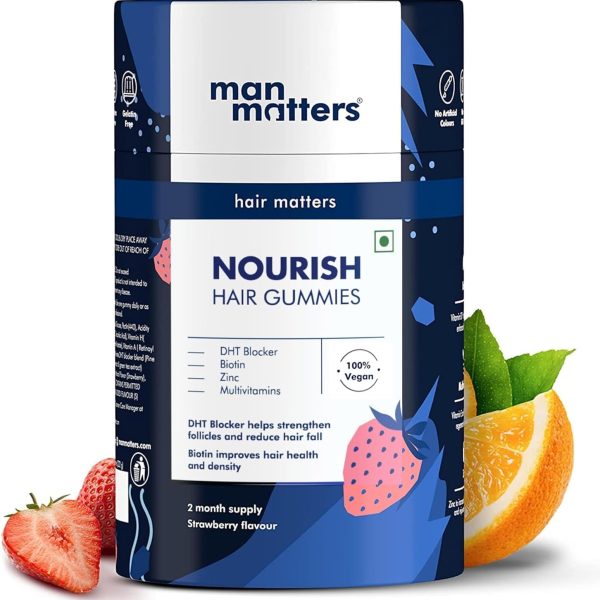 Man Matters Biotin Hair Gummies for Men | Strawberry Flavoured | Vitamin A, Vitamin C, Vitamin E & Zinc | Helps Reduce Hair Fall & Strengthen Nails | 100% Vegetarian | 60 Gummies