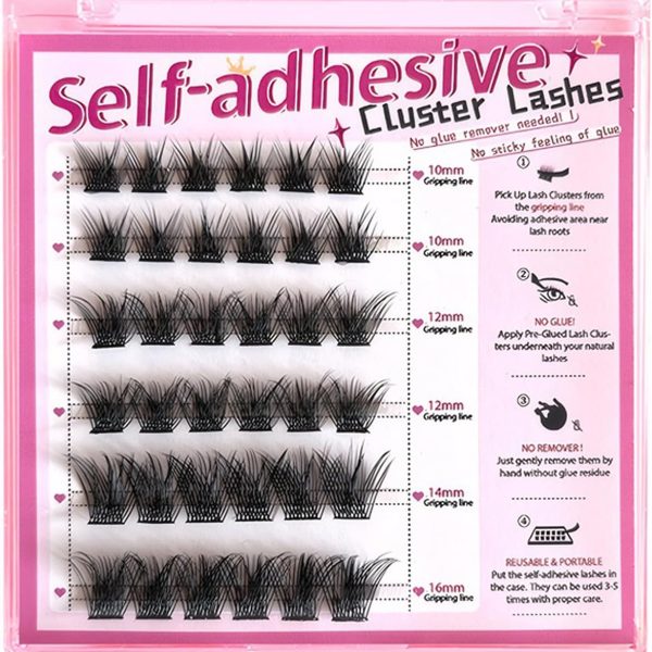 MozyVex Self Adhesive Eyelashes 36Pcs Reusable Lash Clusters Press On Lashes, No Glue Needed Sturdy DIY Eyelash Extensions Pre Glued 1 Step DIY Lash Self Stick Easy to Apply (D-10-16mix)