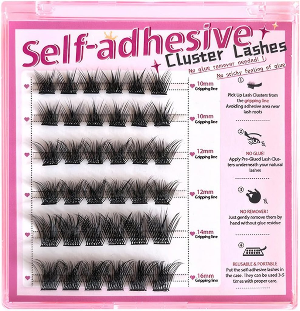 MozyVex Self Adhesive Eyelashes 36Pcs Reusable Lash Clusters Press On Lashes, No Glue Needed Sturdy DIY Eyelash Extensions Pre Glued 1 Step DIY Lash Self Stick Easy to Apply (D-10-16mix)