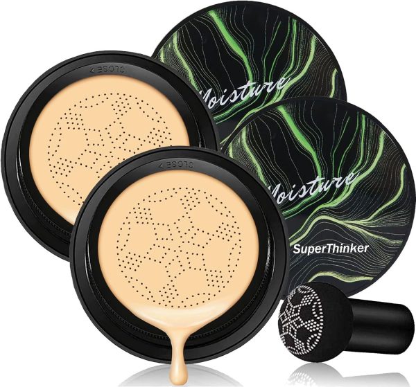 SuperThinker Mushroom Head Air Cushion CC Cream, BB Cream Face Makeup Foundation for Mature Skin Moisturizing Concealer Brighten Long-Lasting, Even Skin Tone for All Skin Types