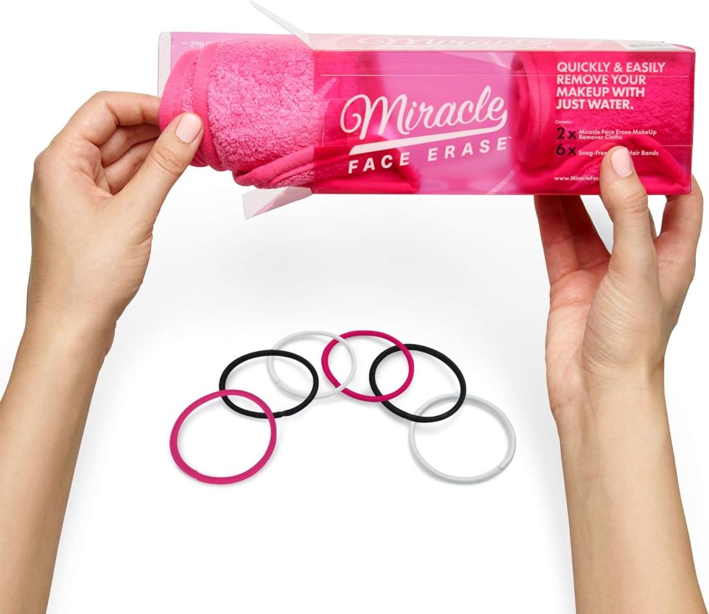 MIRACLE FACE ERASE 2 Pack Chemical-free Microfiber Makeup Remover Cloths (Pink) and BONUS 6 hair ties