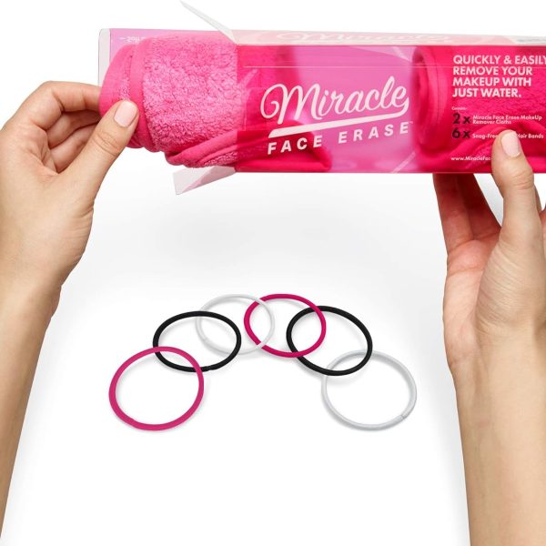 MIRACLE FACE ERASE 2 Pack Chemical-free Microfiber Makeup Remover Cloths (Pink) and BONUS 6 hair ties