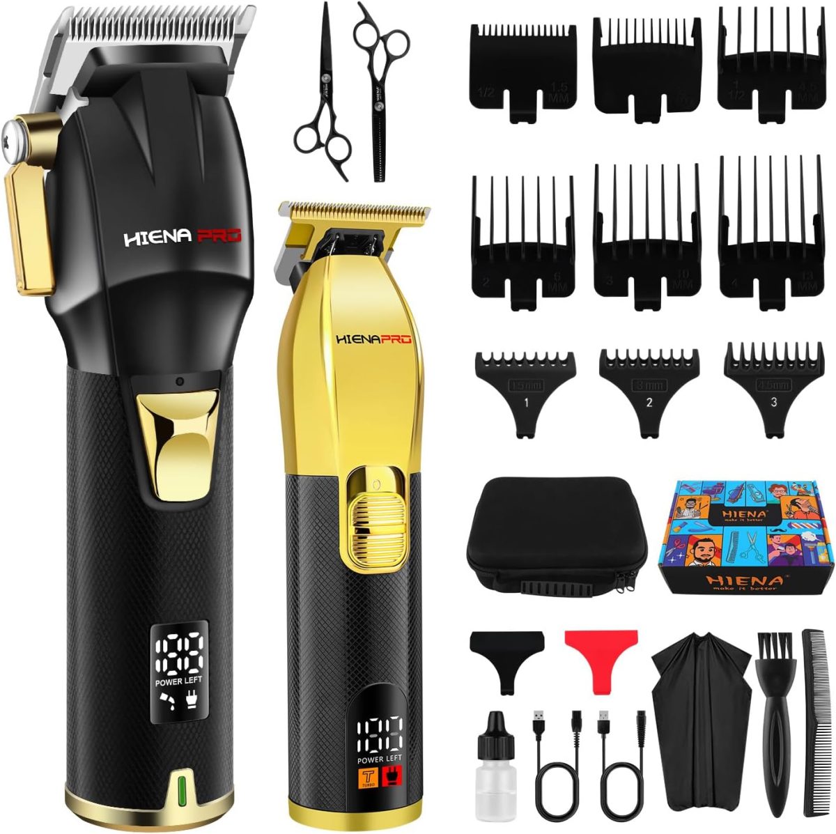 HIENA PRO Professional Hair Clippers Set for Men, Cordless Barber Kit for Haircut, Clippers and Trimmers Set, Hair Cutting Kit with LED Display & Rechargeable USB, Gifts for Men (Black Gold)