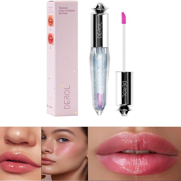 DEROL Lip Gloss Color Changing lips Oil Liquid Lipstick Long Lasting Hydrating Temperature Change With Hyaluronic Acid Light High Shine Finish For Plumper Moisturizing Non Sticky Glitter Shimmer