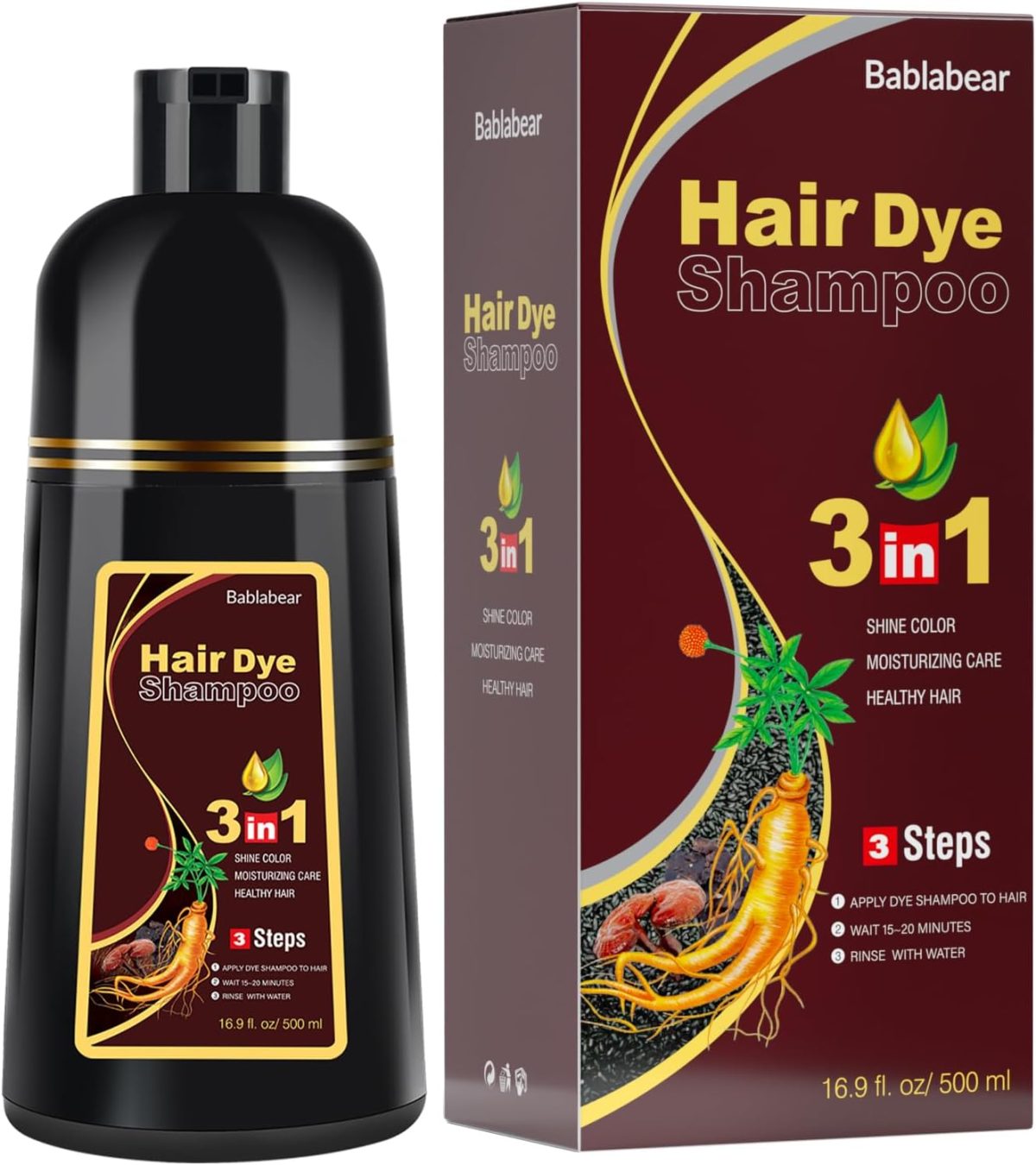 Bablabear MEIDU Dark Brown Hair Dye Shampoo for Women and Men,Instant Hair Color Shampoo for Gray Hair Coverage, Herbal Ingredients, 3 in 1-100% Grey Coverage(17.6 Fl oz)