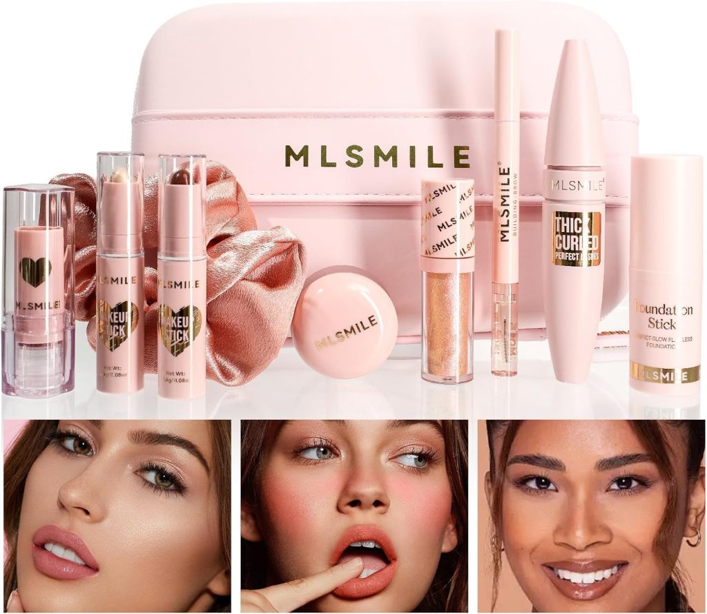 MAKEUP ENSEMBLE A - Comprehensive Cosmetic Set with Full-Face, Eye, Lip & Cheek Makeup, Including 2-in-1 Brow Gel, Brightening Liquid Eye Shadow, Plumping Lipstick in Rose Marble, Flawless Foundation