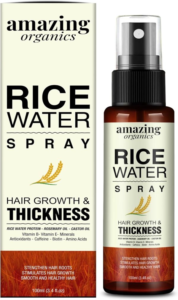 AmazingOrganics Rice Water For Hair Growth, Hair Growth Spray With Rice Water, Rosemary Oil & Castor Oil, Hair Loss Treatments For Women And Men. (100 Ml (Pack Of 1) Amber)