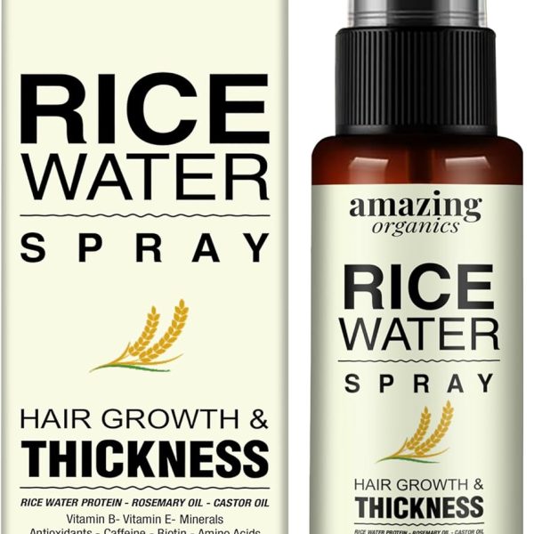 AmazingOrganics Rice Water For Hair Growth, Hair Growth Spray With Rice Water, Rosemary Oil & Castor Oil, Hair Loss Treatments For Women And Men. (100 Ml (Pack Of 1) Amber)