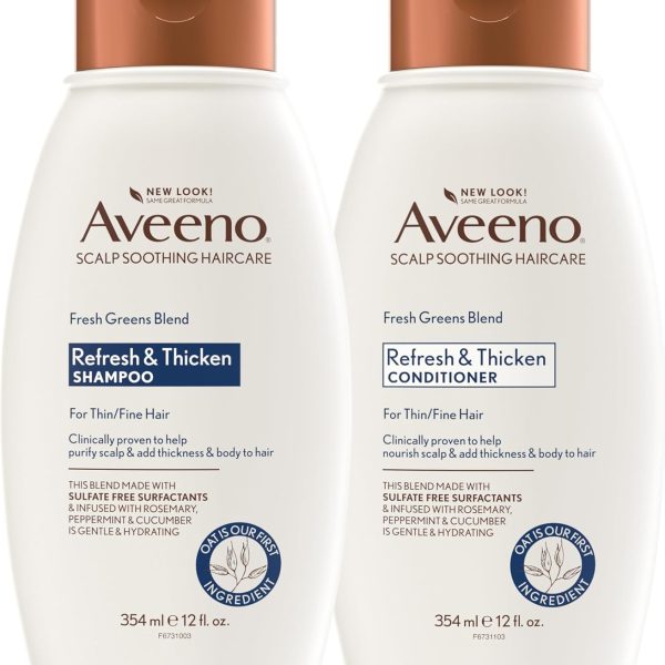 Aveeno Fresh Greens Shampoo + Conditioner with Rosemary, Peppermint & Cucumber to Thicken & Nourish, Clarifying & Volumizing Shampoo for Thin or Fine Hair, Paraben-Free, 12 Fl Oz, 2 Count (Pack of 1)