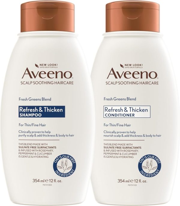 Aveeno Fresh Greens Shampoo + Conditioner with Rosemary, Peppermint & Cucumber to Thicken & Nourish, Clarifying & Volumizing Shampoo for Thin or Fine Hair, Paraben-Free, 12 Fl Oz, 2 Count (Pack of 1)