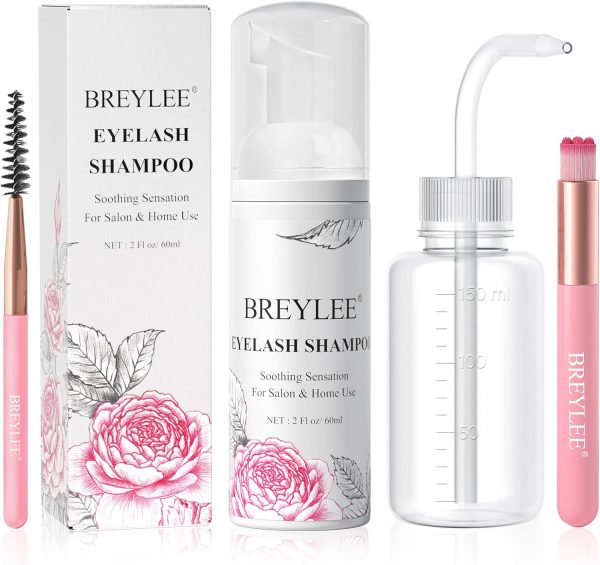 BREYLEE Shampoo for Lash Extensions, 60ml+Rinse Bottle+Brushes, Eyelash Extension Cleanser, Lash Wash Bath, Lash Cleaner for Makeup Cleansing Foams, Paraben & Sulfate Free for Salon and Home Use