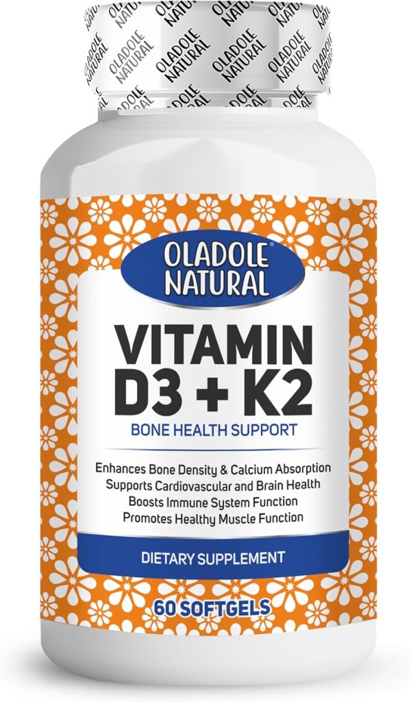 Oladole Natural Vitamin D3 + K2 Supplement – 60 Softgels | Supports Bone Health, Immunity Booster, Healthy Muscle Function, Bone Density | Vitamin D3 5000 IU Tablets For Men & Women