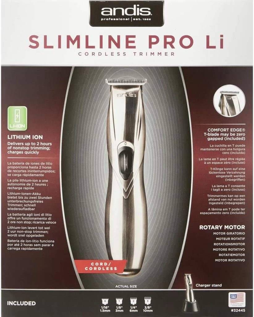 Andis - D-8, Slim-Line Pro Li Cord/Cordless Rechargeable T-Blade Trimmer - for Men/Women/Kids with Carbon Steel Blade, Bump Free Tech, Zero Cuts, Low Irritation & Li-ion Lithium Battery - 300g, Silver