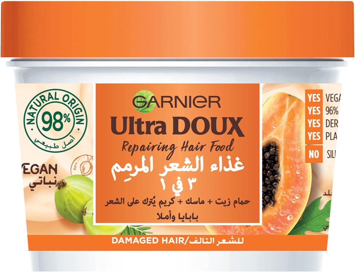 Garnier Ultra Doux Repairing Papaya and Amla 3-in-1 Vegan Hair Food Mask For Damaged Hair 390ml Hamam Zeit, Mask, Leave-in Conditioner 98% Natural Ingredients