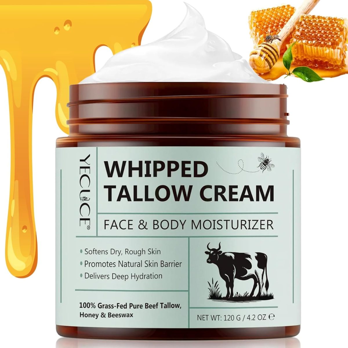 NIKITA.VIVI Whipped Tallow Face & Body Moisturizer Cream 120G, Organic Beef Tallow for Skin, Grass Fed Whipped Beef Tallow and Honey Cream Balm, Deep Hydrating Nourishing Face & Body Tallow Cream