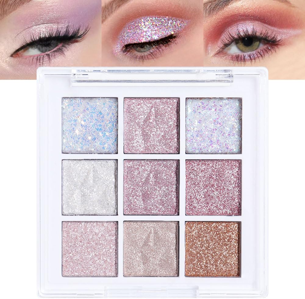 Eye Shadow Palette Makeup,Pink White Purple Glitter Shimmer Sparkle Warm Pastel 9 Colors Eye Shadow Palette,Nude White Cream Eyeshadow Palette Colorful Long Lasting Waterproof Naturing-Looking