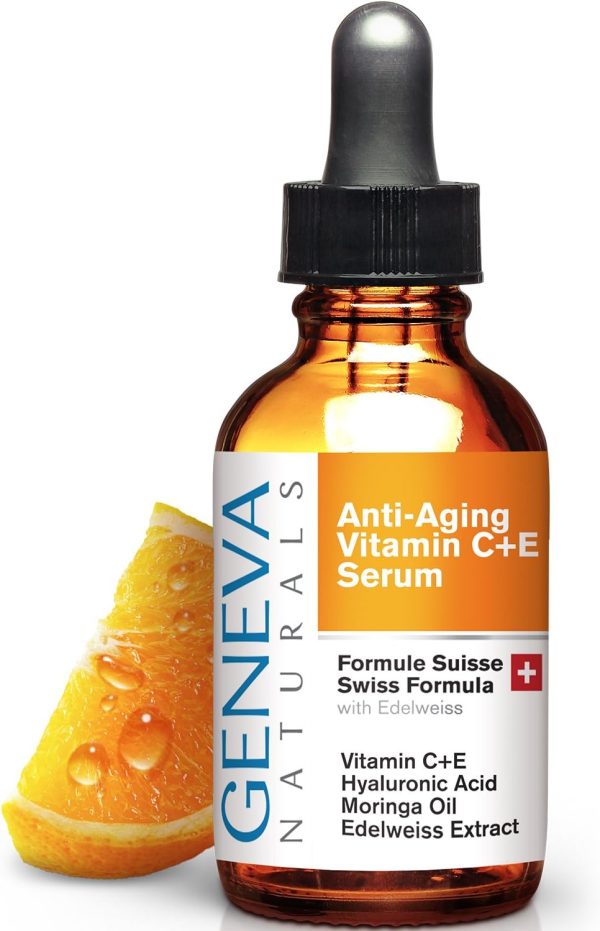 Geneva Naturals Vitamin C Serum For Face - Anti Aging Hyaluronic Acid Serum with Vitamin A & E - Swiss Skin Care Formula Facial Moisturizer For Women & Men - 1oz